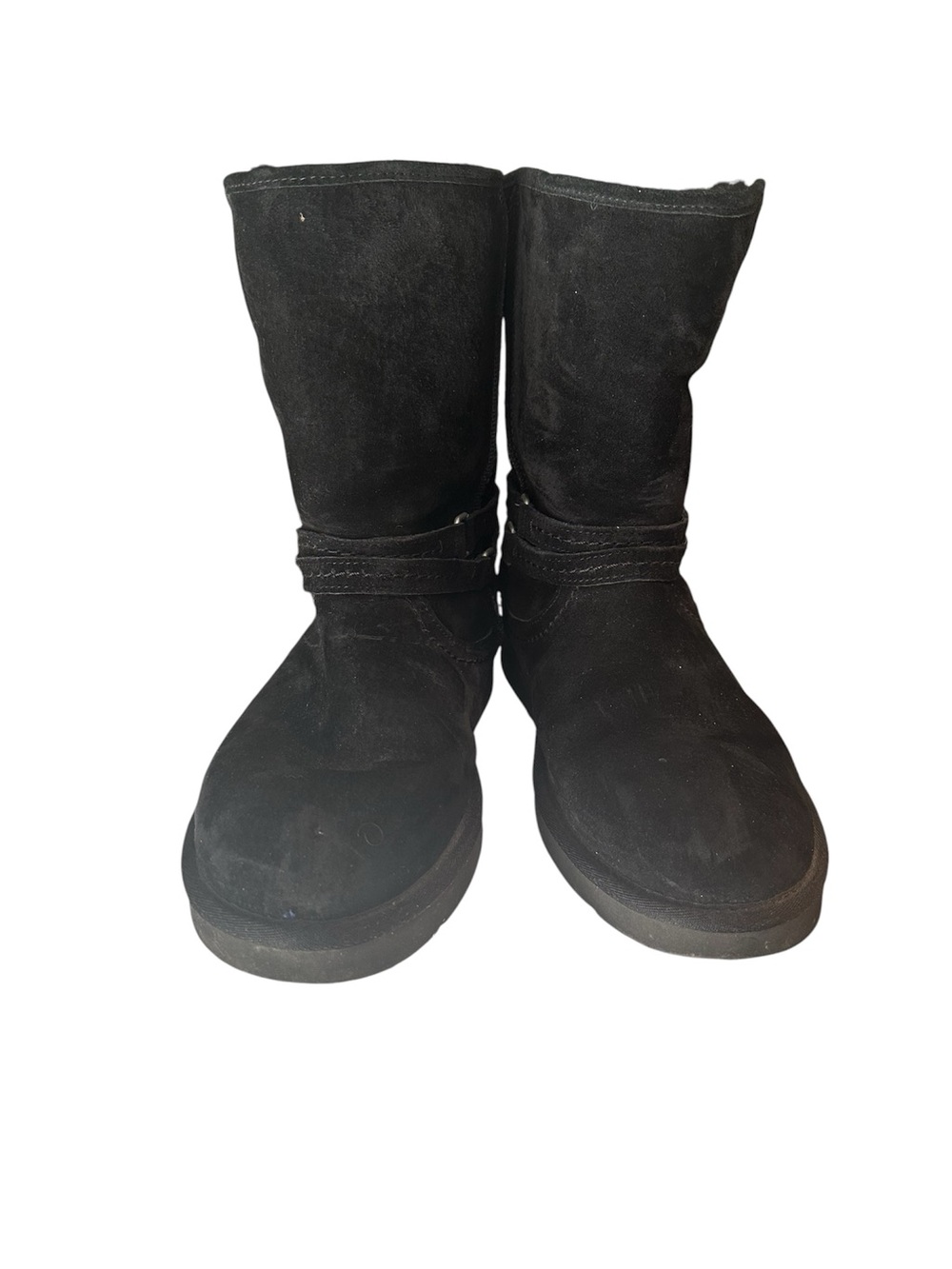 UGG Black Suede Bailey Double Buckle Shearling Mid-Calf Boots - Size 10